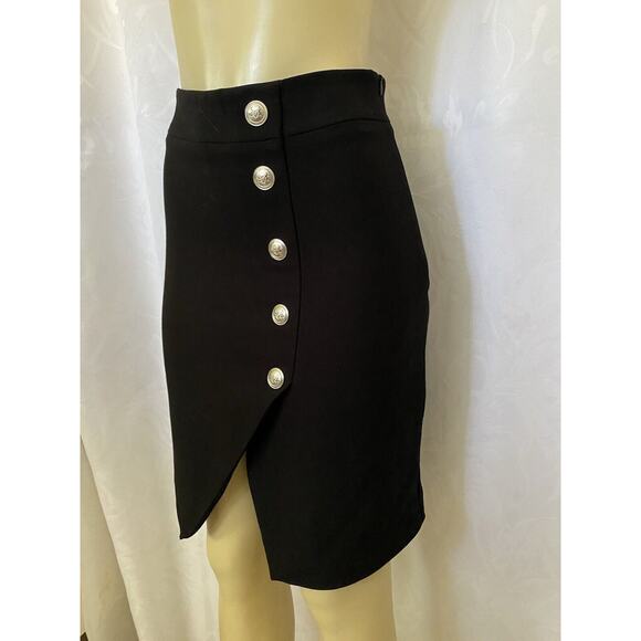 MAJE Jipy Pencil Skirt Button Front Black Straight Asymmetric Hem 38 S - Picture 4 of 9